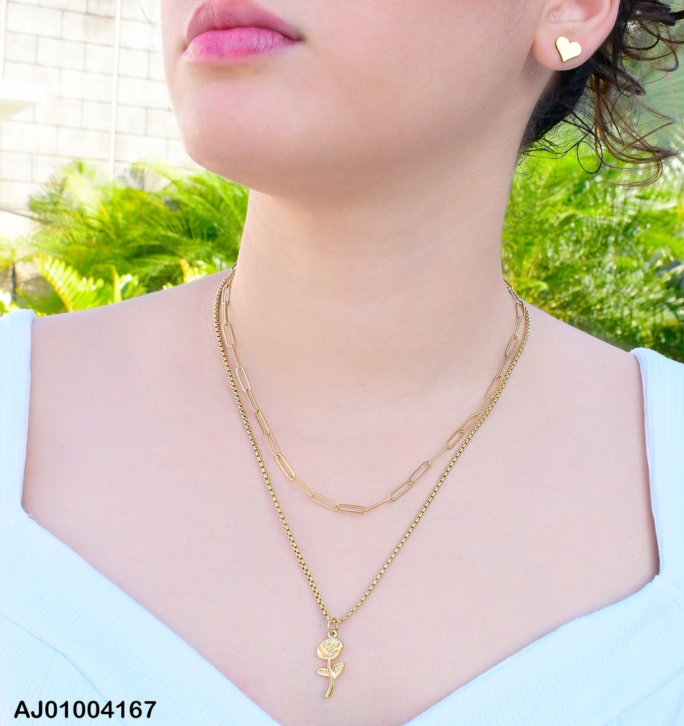 JUEGO DETALLES ENCH. CAD. DOBLE  DIJE ROSA ARETES CORAZON (NPE2025)