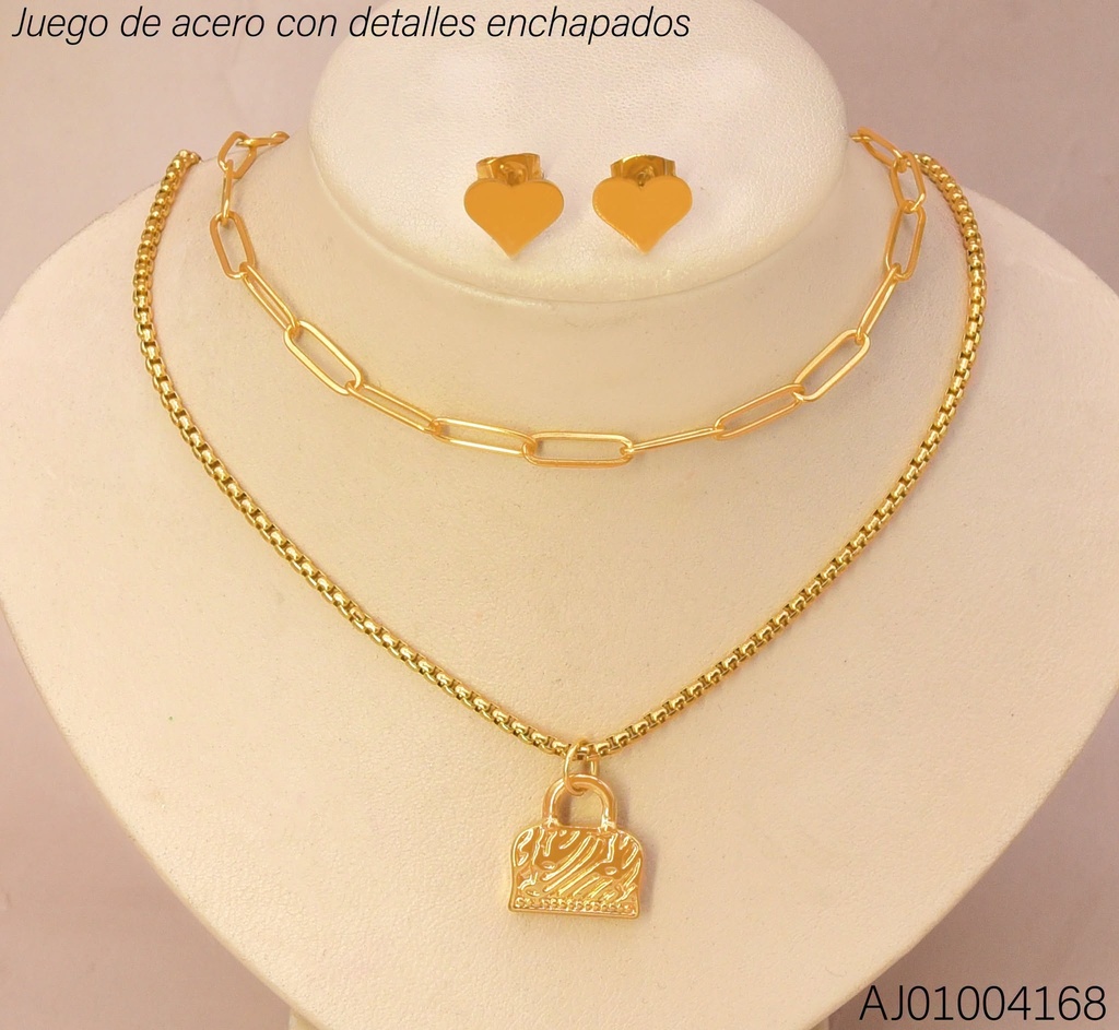 JUEGO DETALLES ENCH. CAD. DOBLE  DIJE CARTERA ARETES CORAZON (NPE2025)