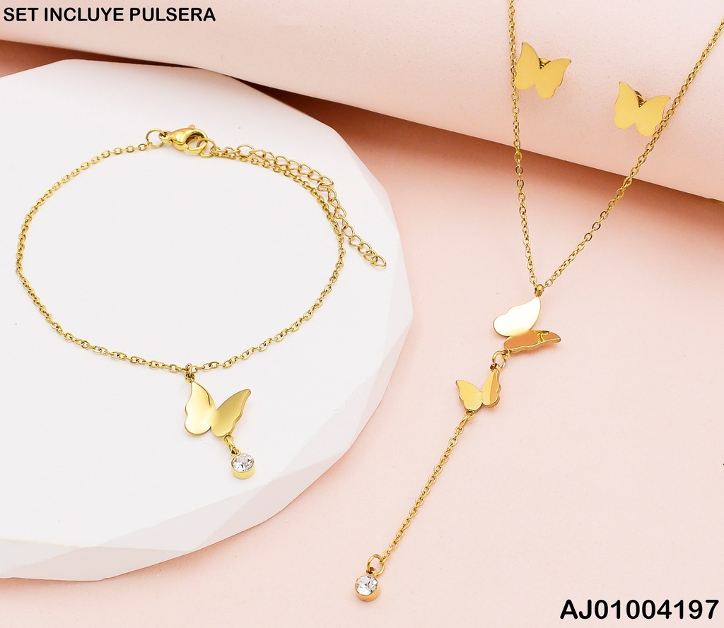 JUEGO MARIPOSA LISAS C/ZIRC.COLGANTE C/PULSERA