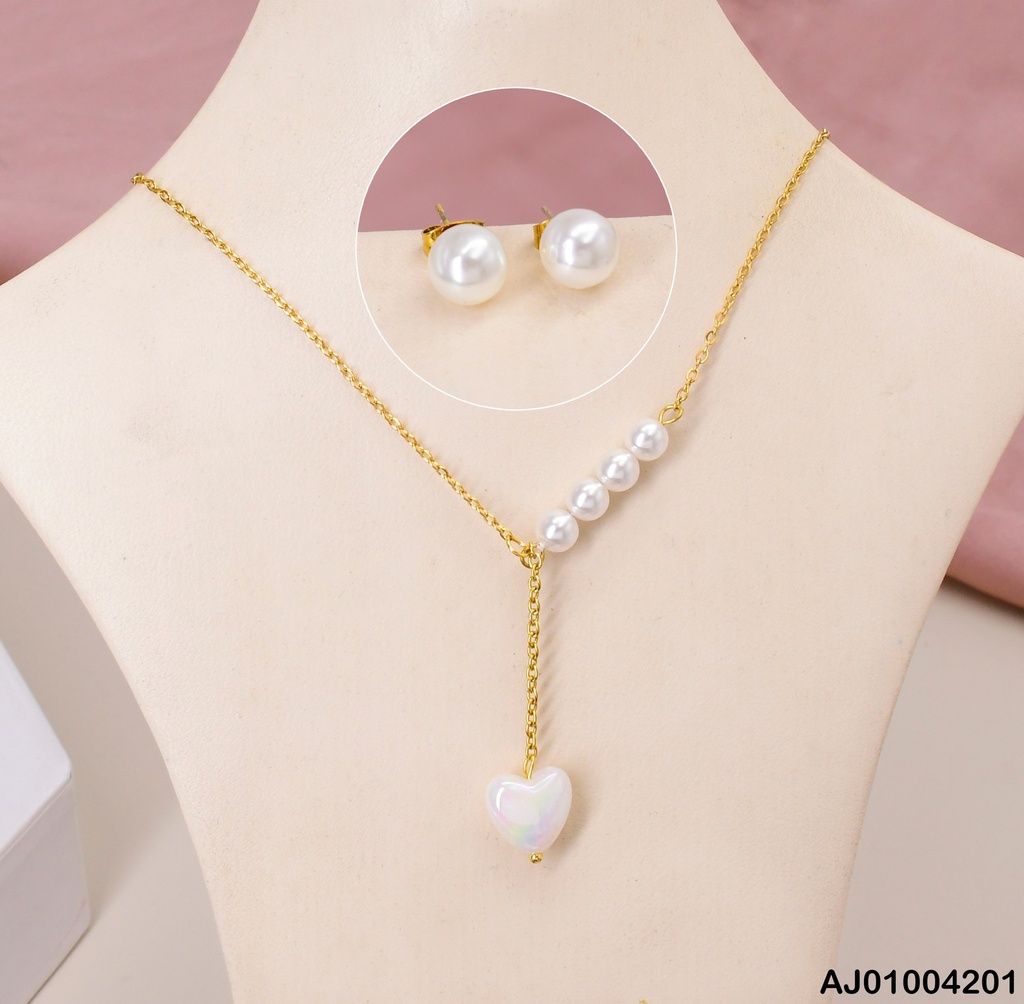 JUEGO DIJE CORAZON BLANCO /4 PERLAS ARETES PERLAS