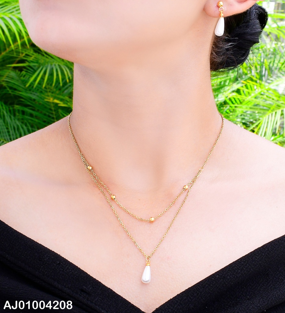 JUEGO CAD. DOBLE ARETES/ DIJE GOTA BLANCA