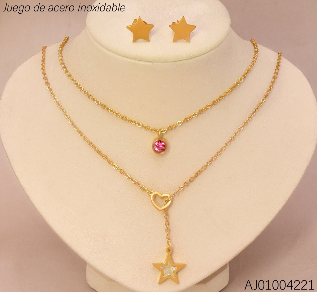 JUEGO PLACAS ESTRELLAS DOBLE CAD.ZIRC.FUCSIA DIJE ATRAVESANDO💛