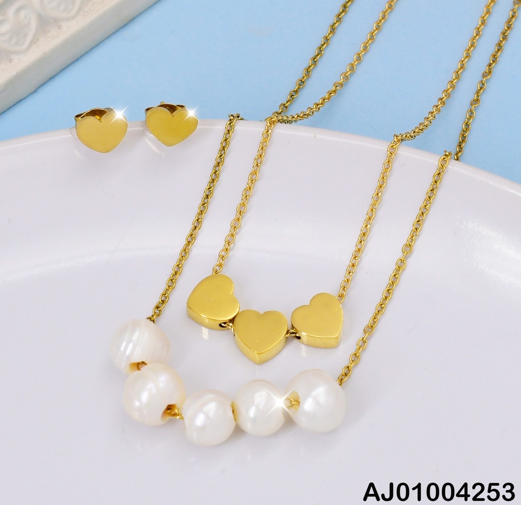 JUEGO CAD. DOBLE DIJE 3 CORAZONES/ 5 PERLAS