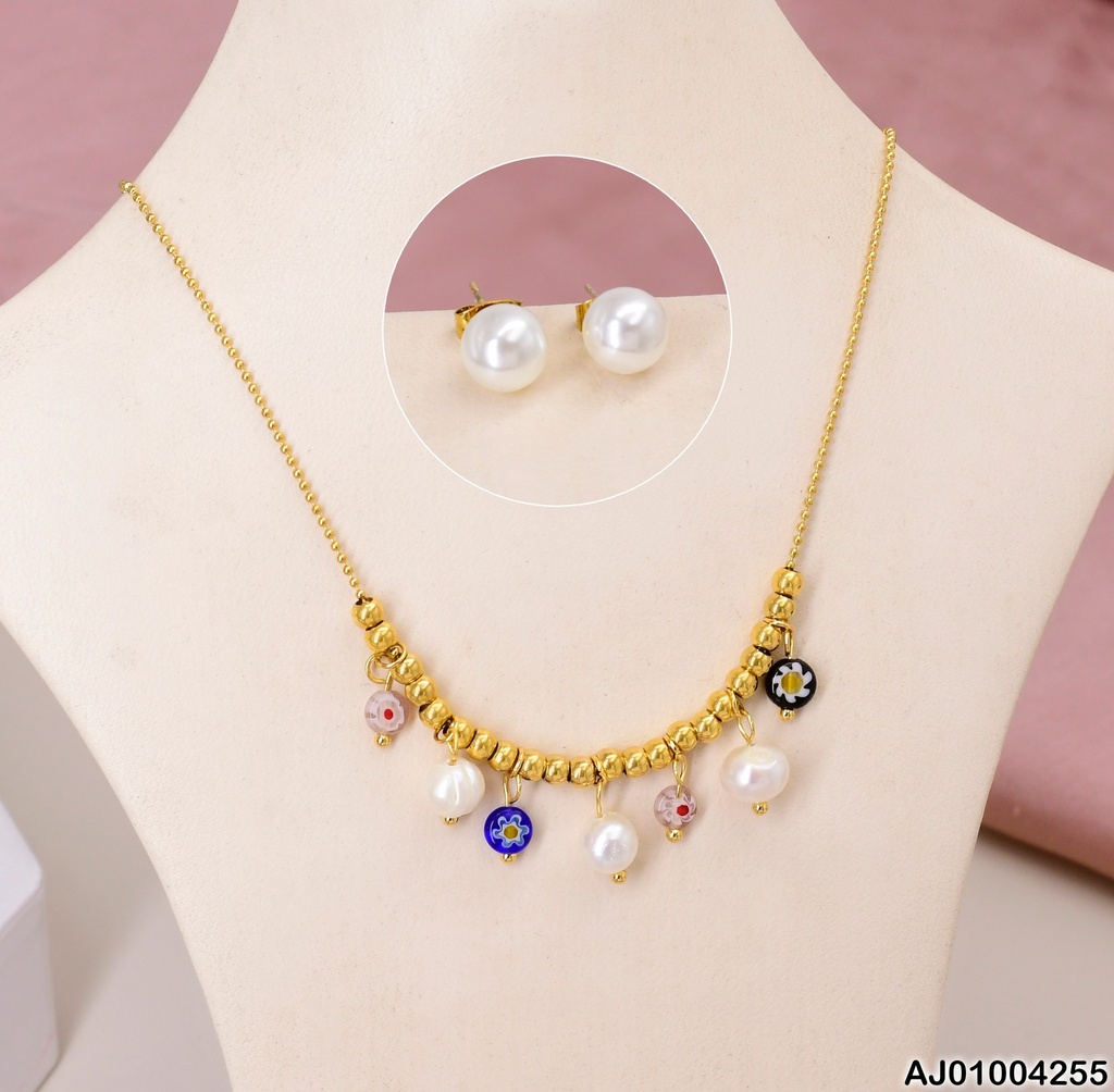 JUEGO ARETES PERLA DIJE / PERLAS /FLORES/ PELOTITA DORADA