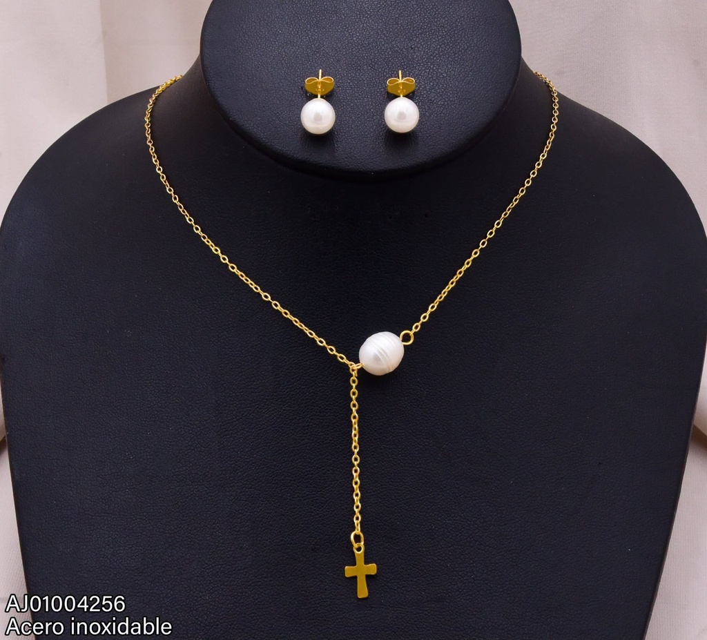 JUEGO ARETES PERLA / DIJE CRUZ   SA269-5