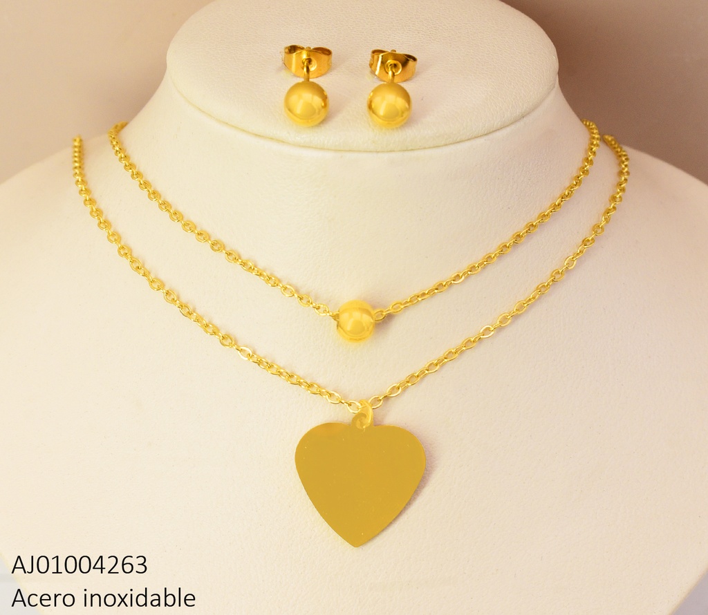 JUEGO ARETES PELOTITA / CAD. DOBLE DIJR CORAZON