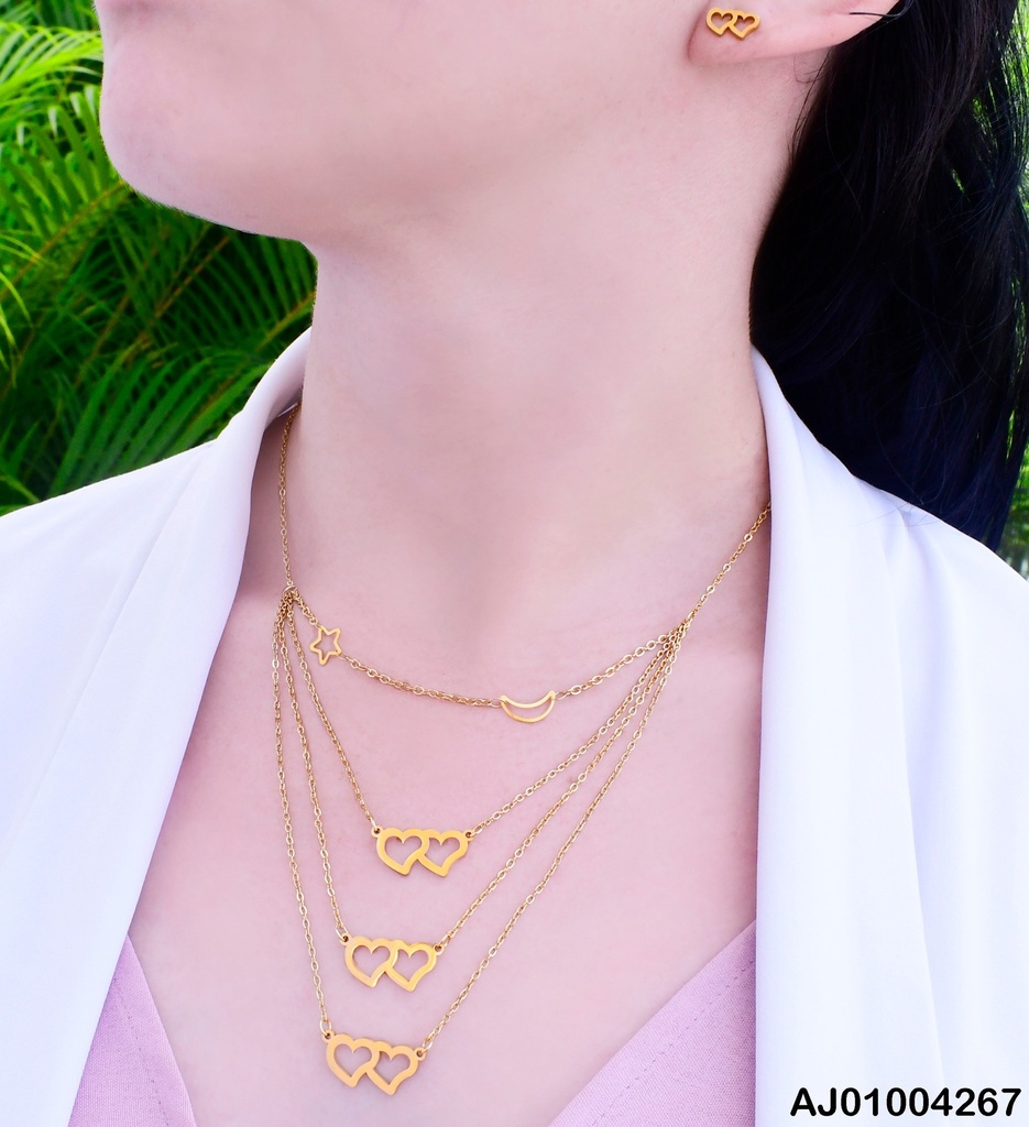JUEGO ARETES 2 CORAZONES  4 CADENA DIJE 2 CORAZONES