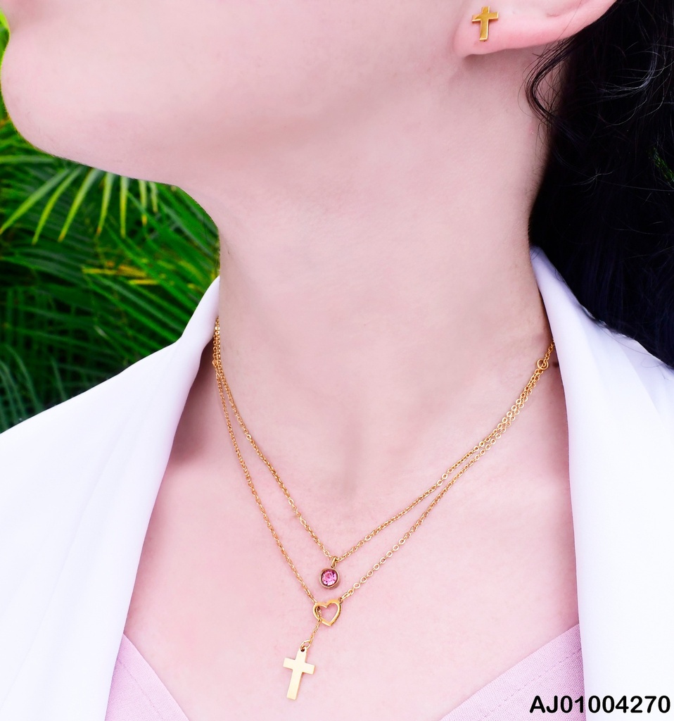 JUEGO CAD. DOBLE ARETES / DIJE CRUZ . ZIRC. RD ROSADA