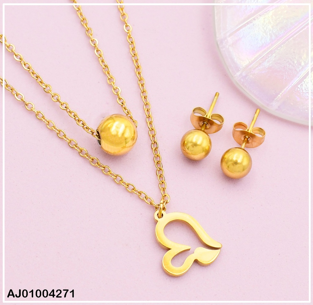 JUEGO ARETES PELOTITA CAD. DOBLE DIJE CORAZON