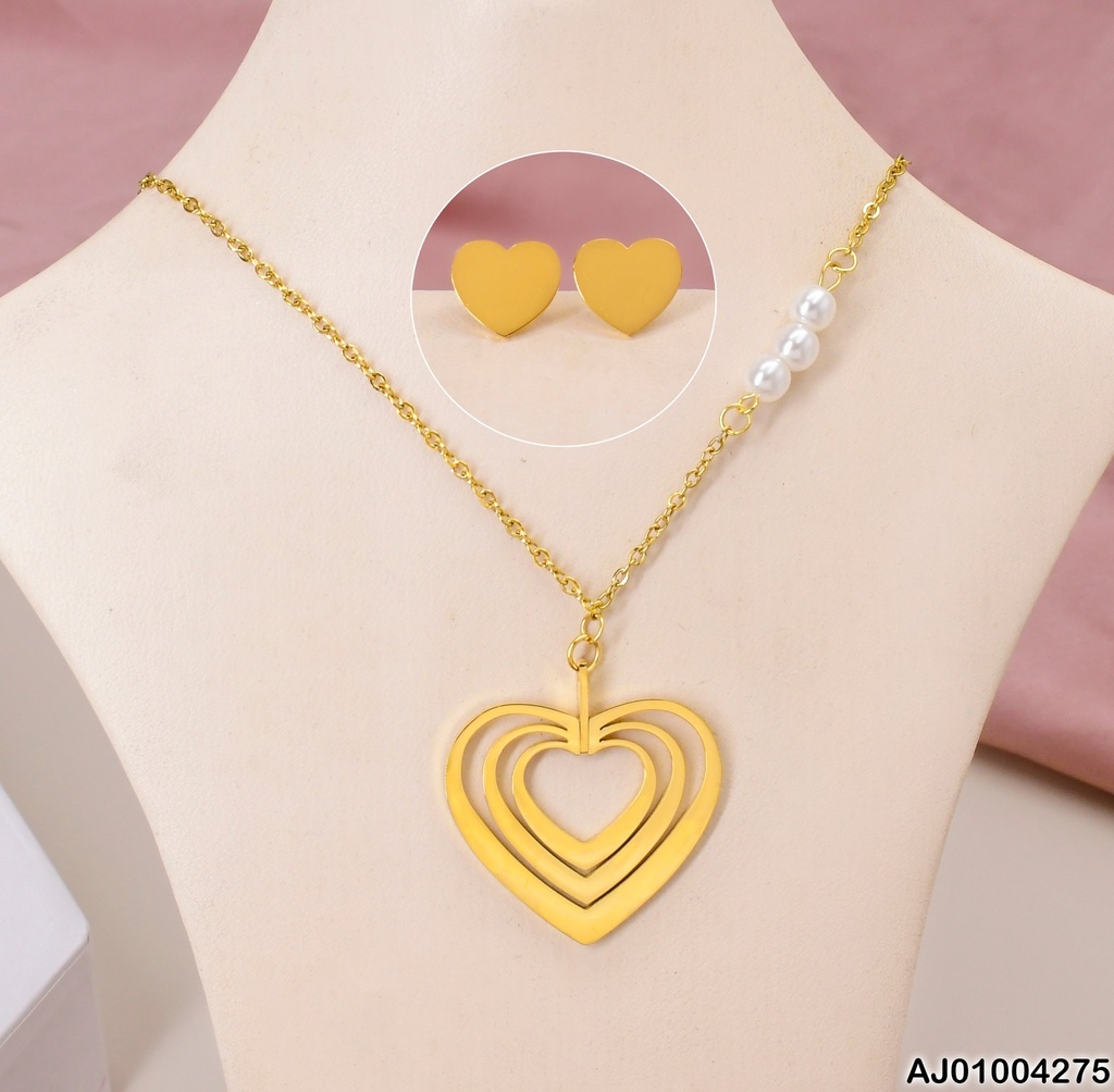JUEGO ARETES / DIJE CORAZON  CAD. DOBLE CON PERLAS (P.E.NOV2025)