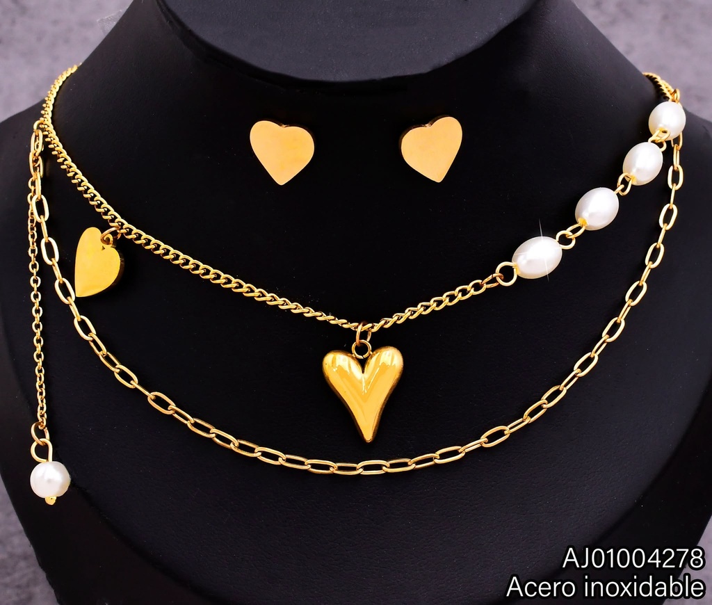 JUEGO CADENA DOBLE ARETES / DIJE CORAZON PERLAS