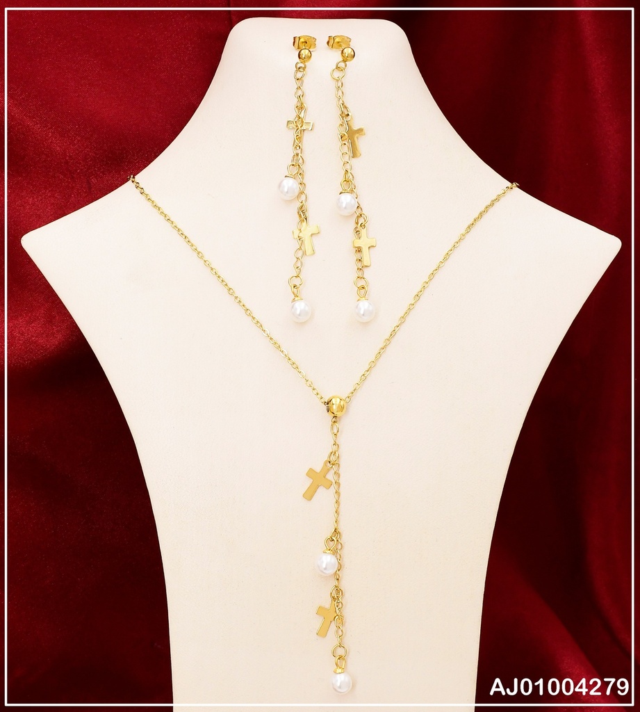 JUEGO ARETES LARGOS PERLAS / CRUZ CADENA COLGANTE PERLAS/ CRUZ