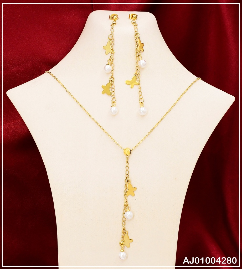 JUEGO ARETES LARGOS  PERLAS MARIPOSA
