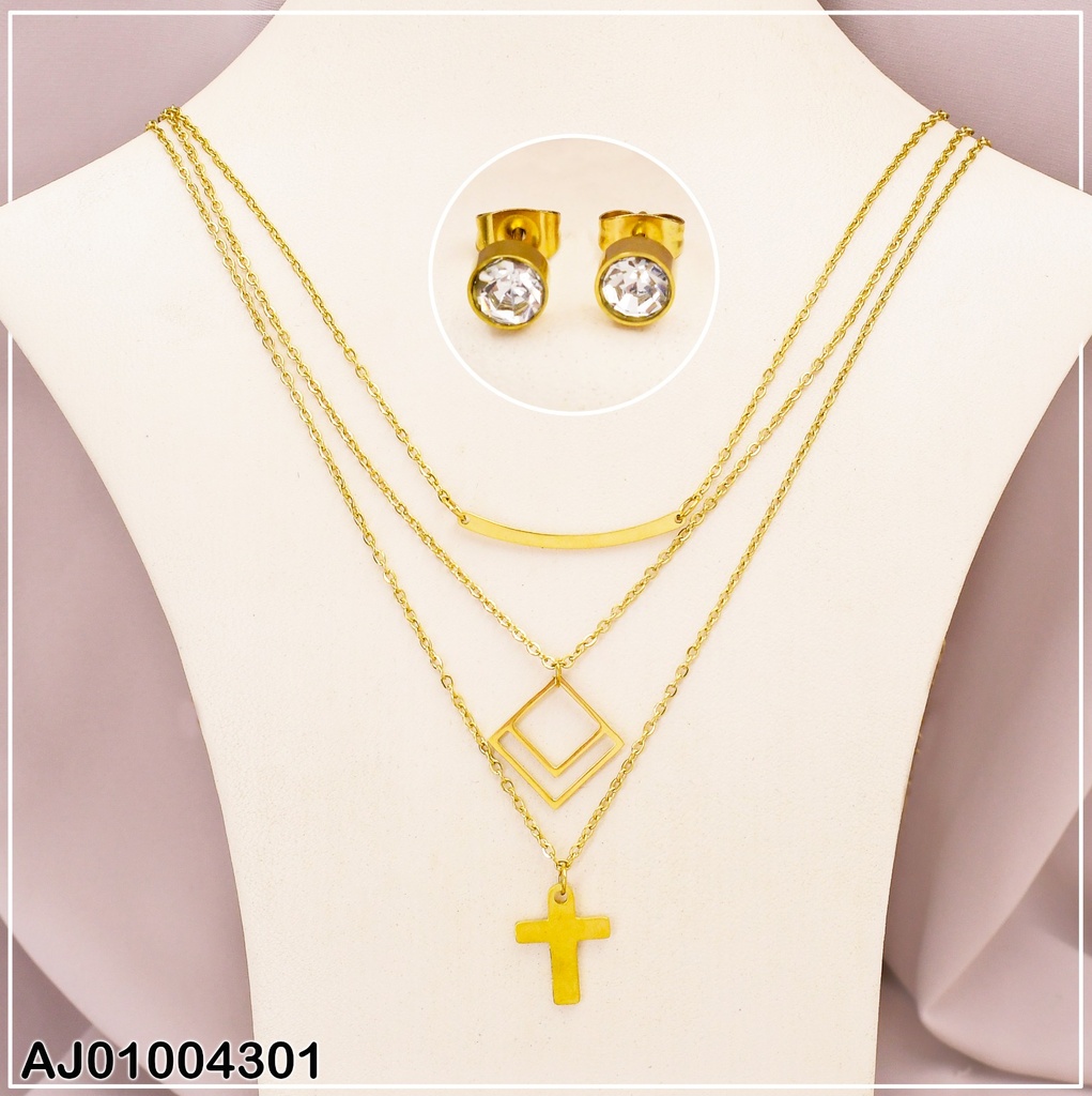 JUEGO ARETES ZIRC. RD 3 CADENAS DIJE  ROMBO /CRUZ/PALITO 072730