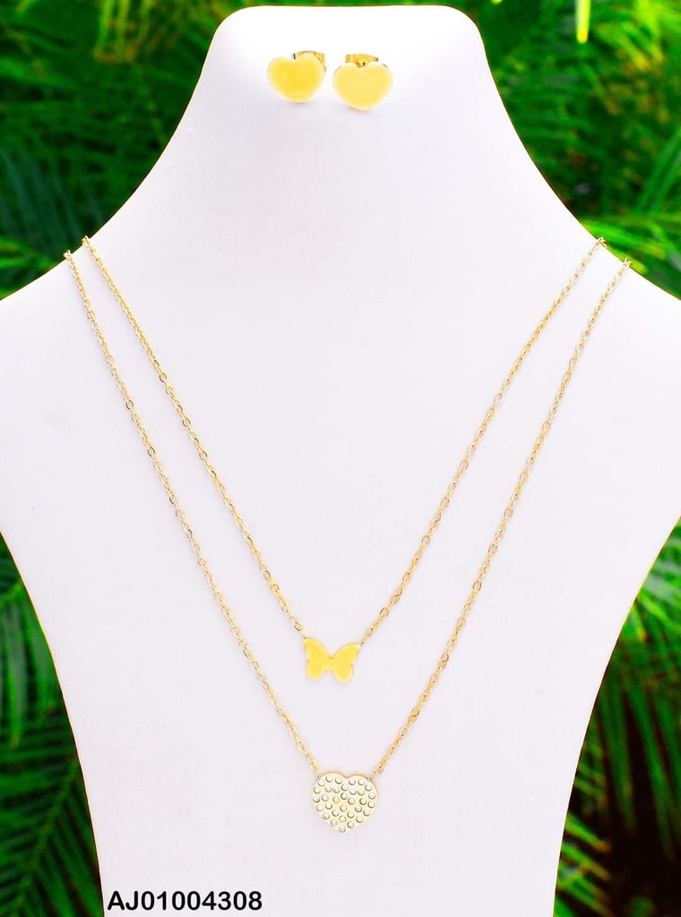 JUEGO ARETES CORAZON CAD. DOBLE DIJE MARIPOSA / CORAZON ZIRC.