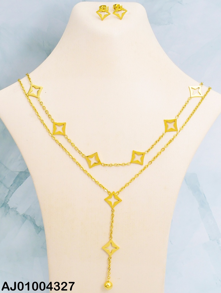 JUEGO CAD. DOBLE ARETES DIJE ROMBO PELOTITA COLGANTE