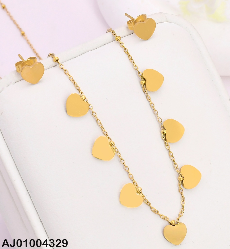 JUEGO ARETES CORAZON DIJE 7 CORAZONES PLACA