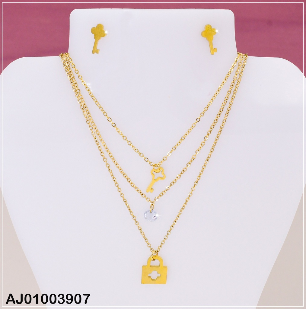 JUEGOS ARETES LLAVE. TRIPLE DIJE CANDADO/ZIRCONIA/LLAVE 072729