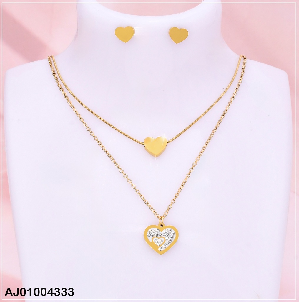 JUEGO ARETES CORAZON PLACA CAD. DOBLE DIJE CORAZON