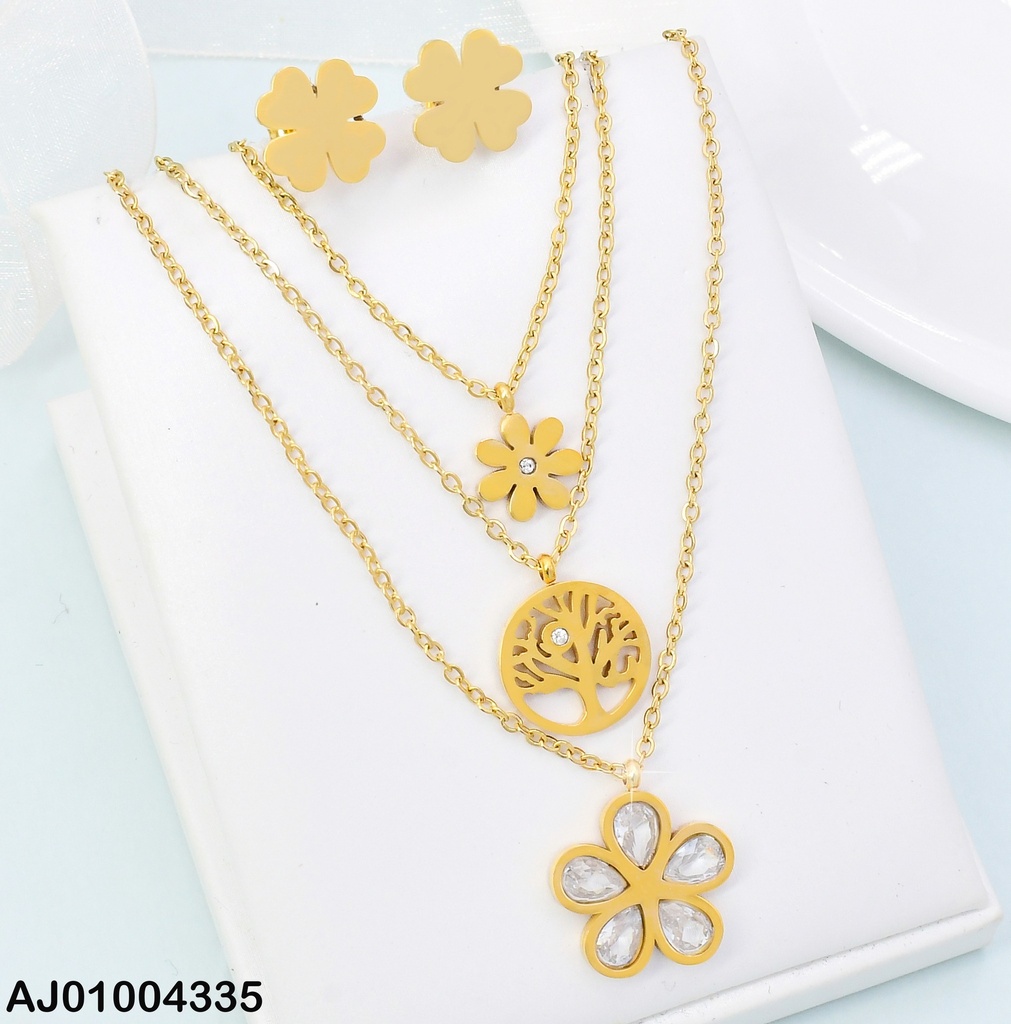 JUEGO ARETES TREBOL 3 CAD. DIJE ARBOL VIDA FLOR PETALOS ZIRC.