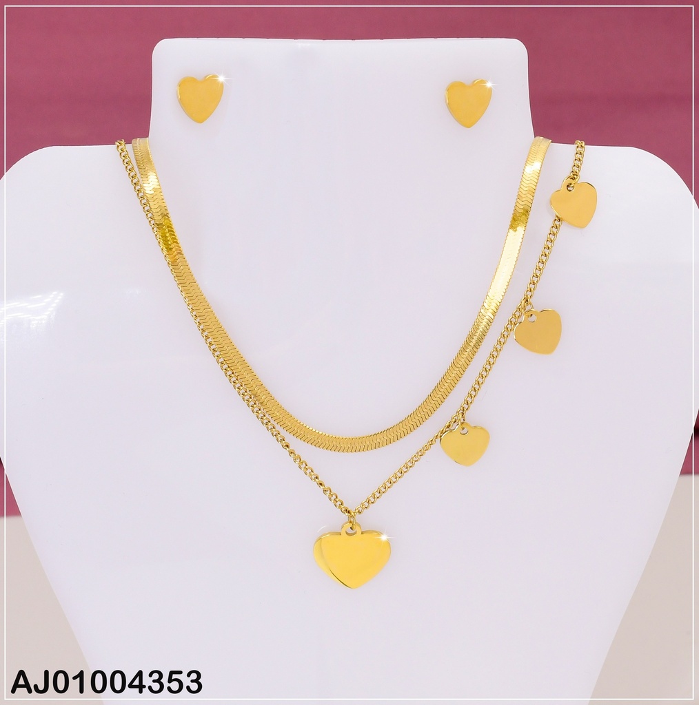 JUEGO ARETES COR. PLACA  CAD. DOBLE DIJE CORAZON