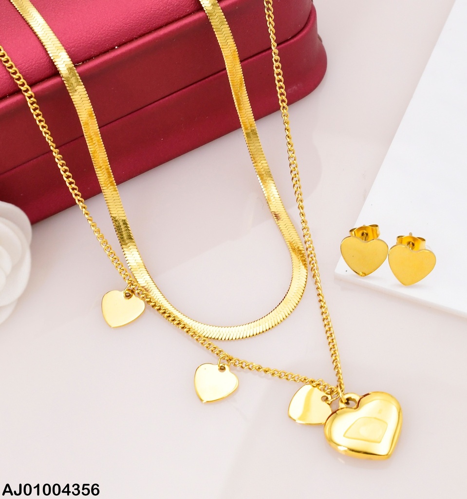 JUEGO ARETES CORAZON CAD. DOBLE DIJE CORAZON