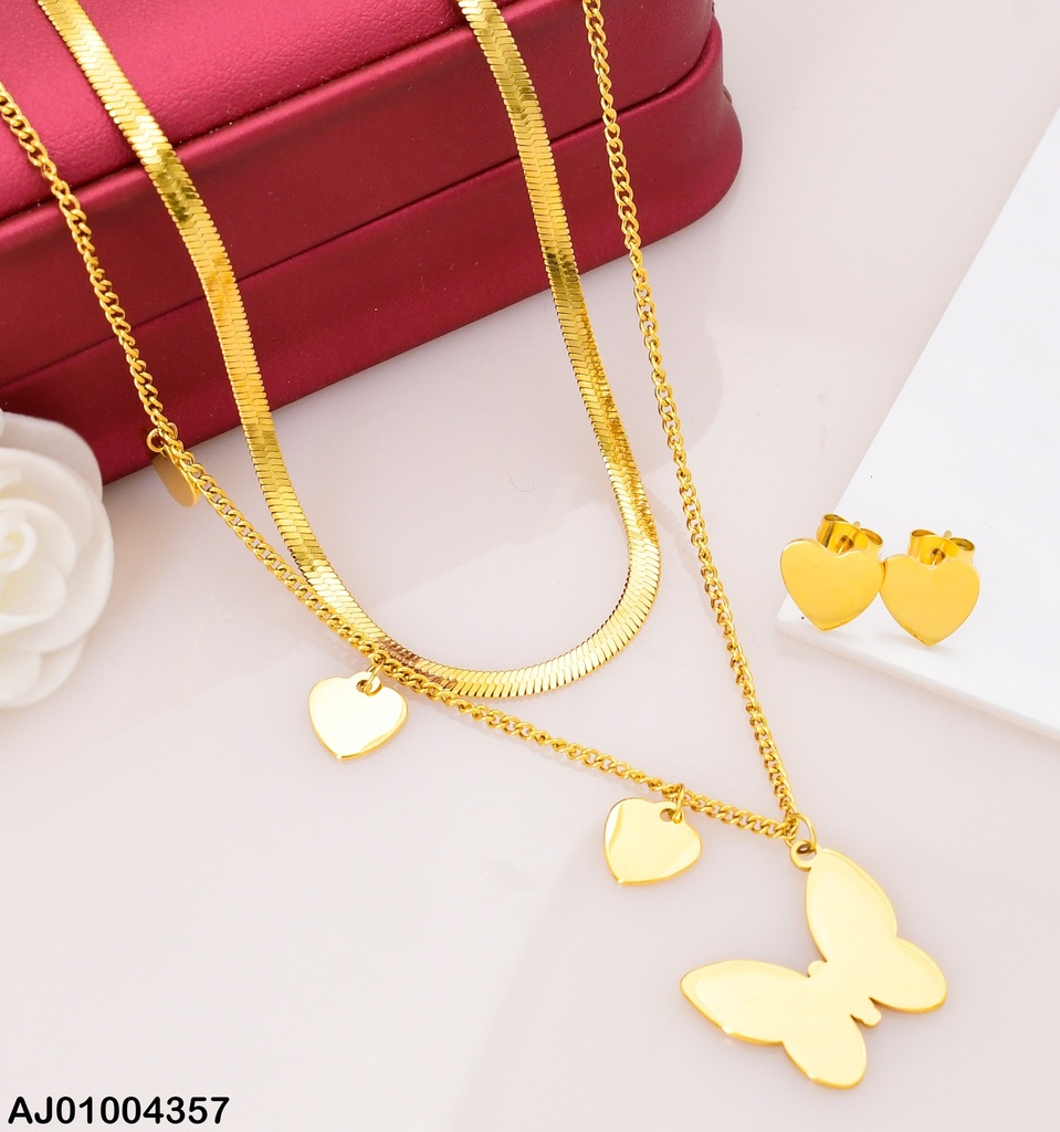 JUEGO ARETES COR. PLACA CAD. DOBLE DIJE MARIPOSA