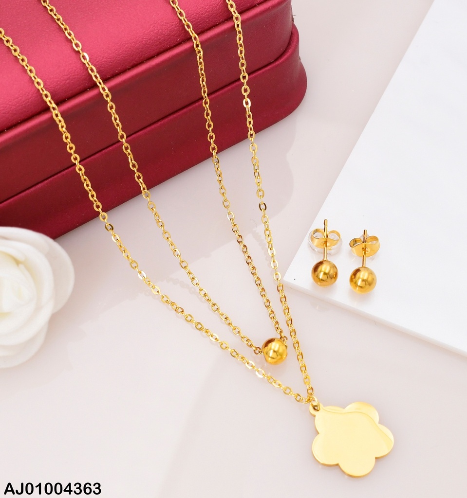 JUEGO ARETES PELOTITA CADENA DOBLE  DIJE FLOR
