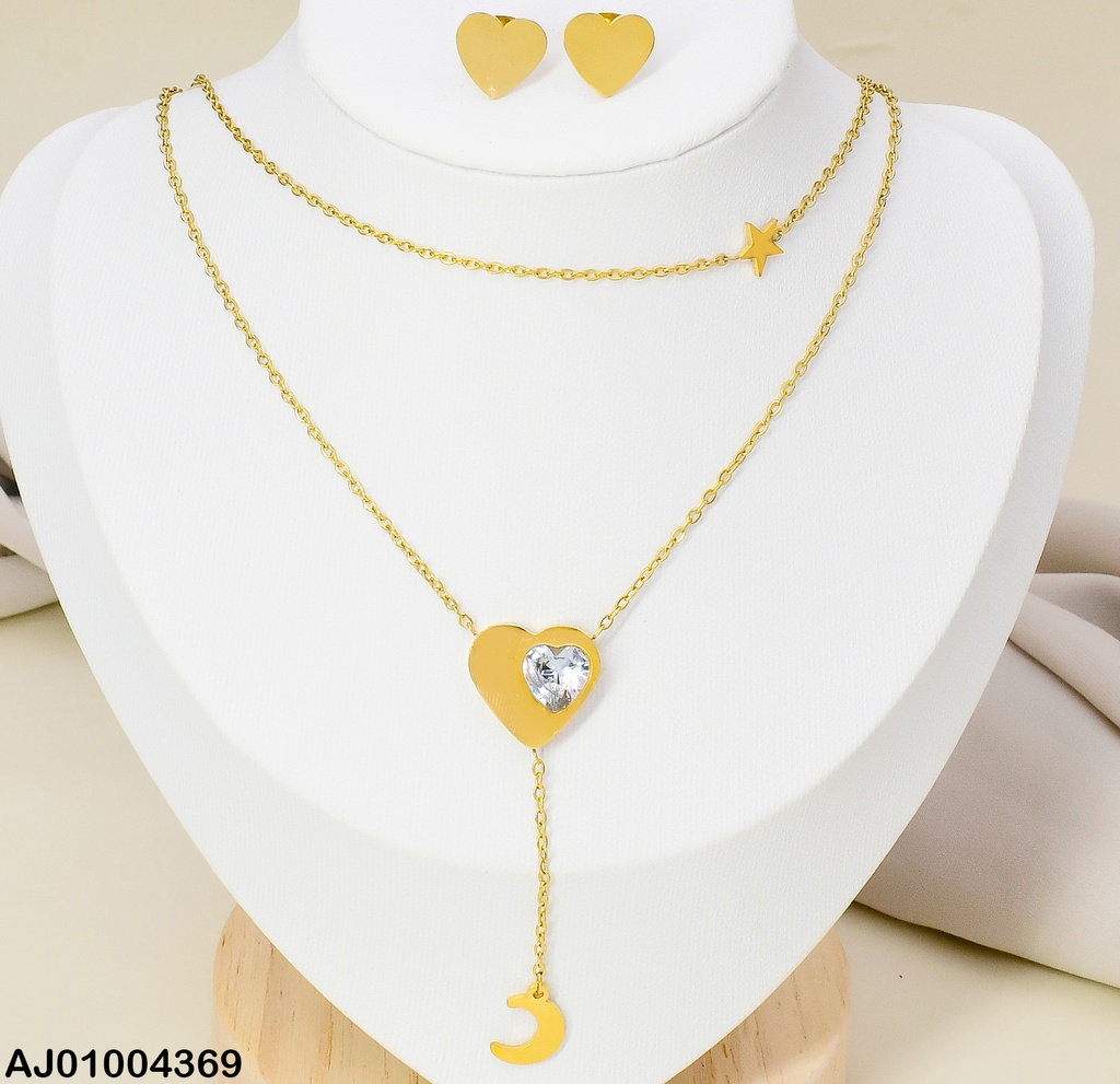 JUEGO ARETES PLACA CORZ. CAD,. DOBLE ESTRELLA / LUNA/COR.