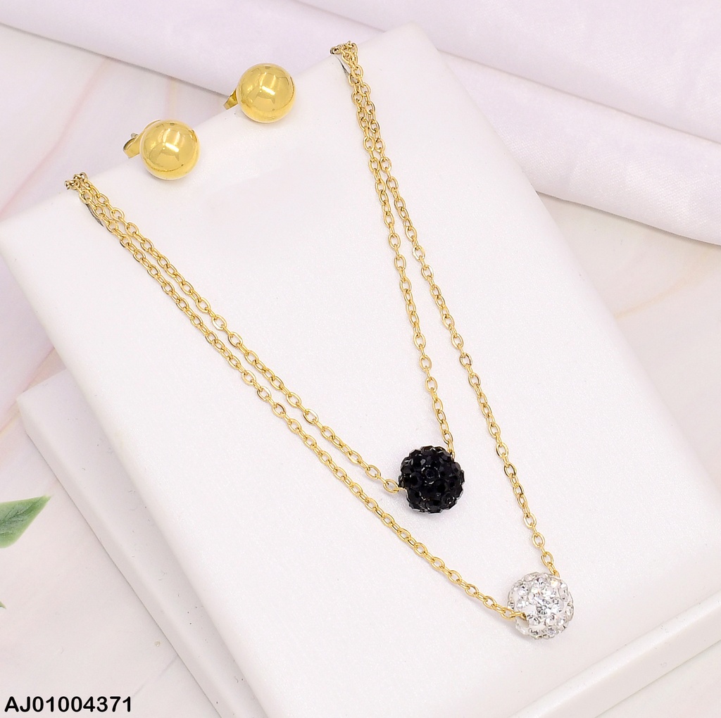 JUEGO ARETES PELOTA CAD. DOBLE DIJE PELOTA ZIRC. BLANCA/NEGRA