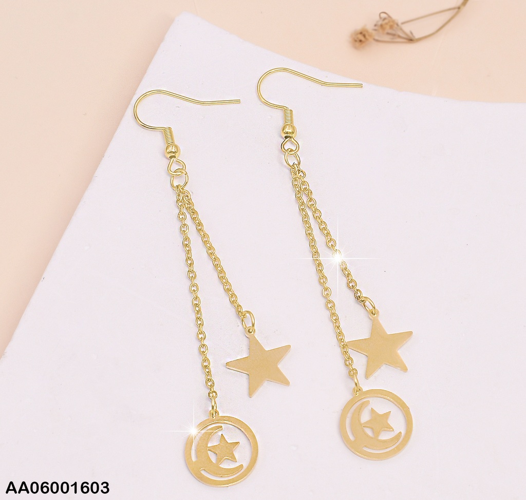ARETES LARGOS DOBLE ESTRELA/LUNA ESTRELLA