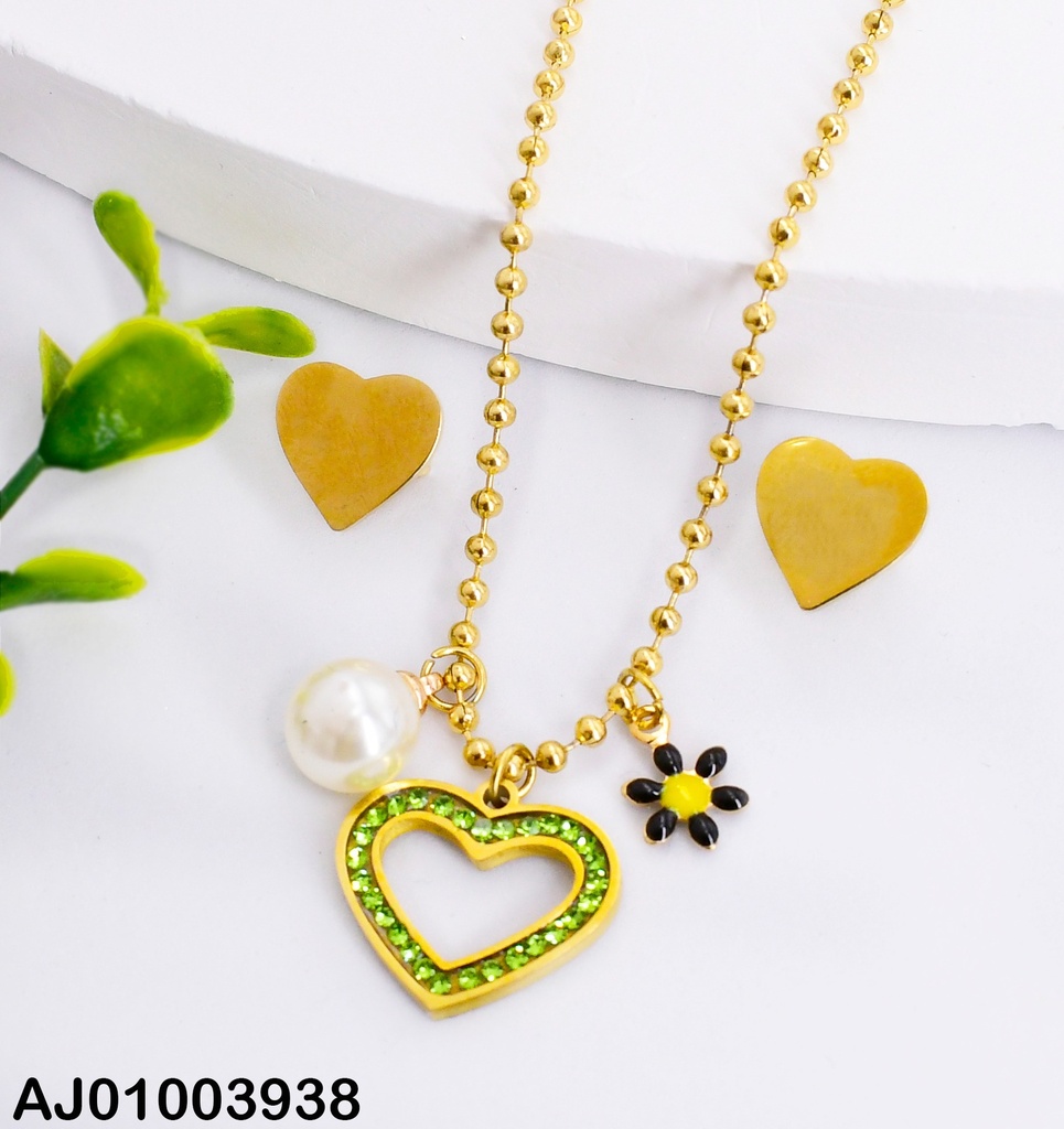 JUEGO ARETES CORAZON LISO DIJE PERLA CORAZON CON FLOR 0735441
