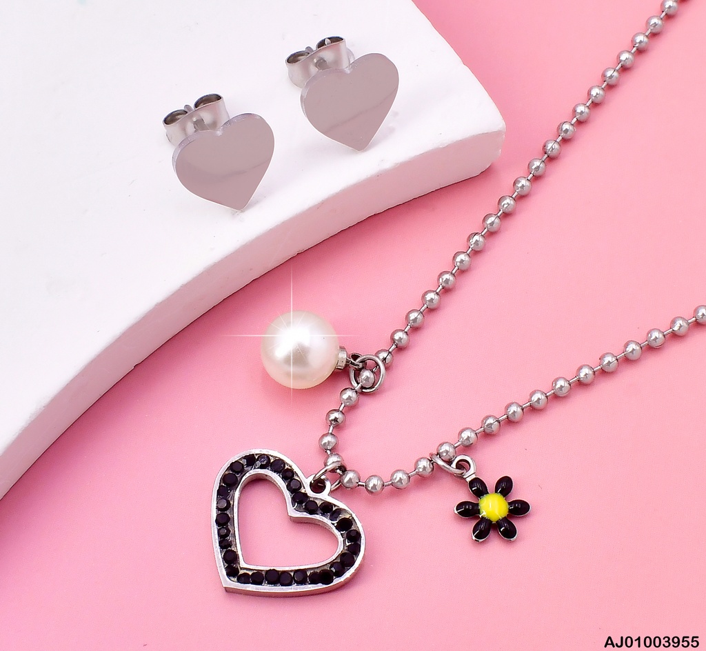 JUEGO PLATEADO ARETES CORAZON LISO DIJE 🖤 FLOR / PERLA 0735452