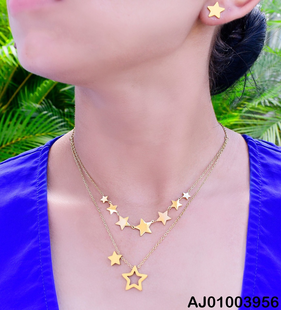 JUEGO ARETES ESTRELLA CADENA DOBLE DIJES ESTRELLAS 0739621