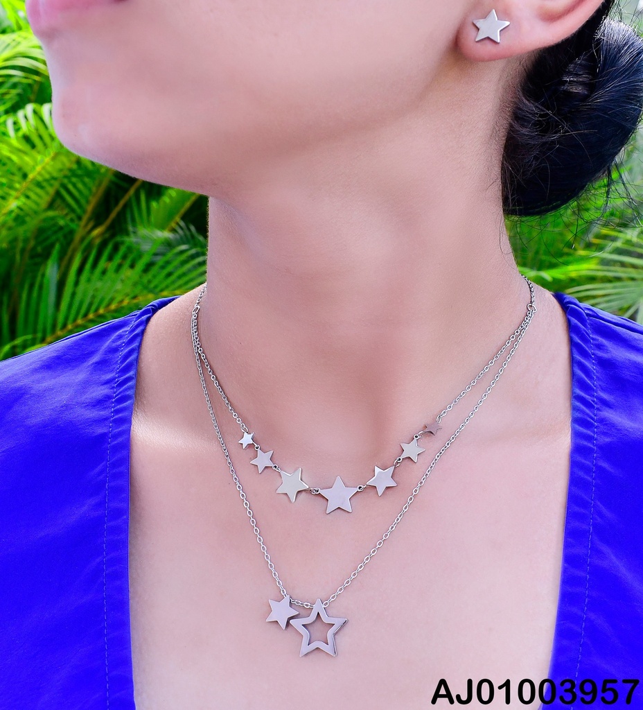 JUEGO PLATEADO ARETES ESTRELLAS CADENA DOBLE DIJES ESTRELLAS 0739622