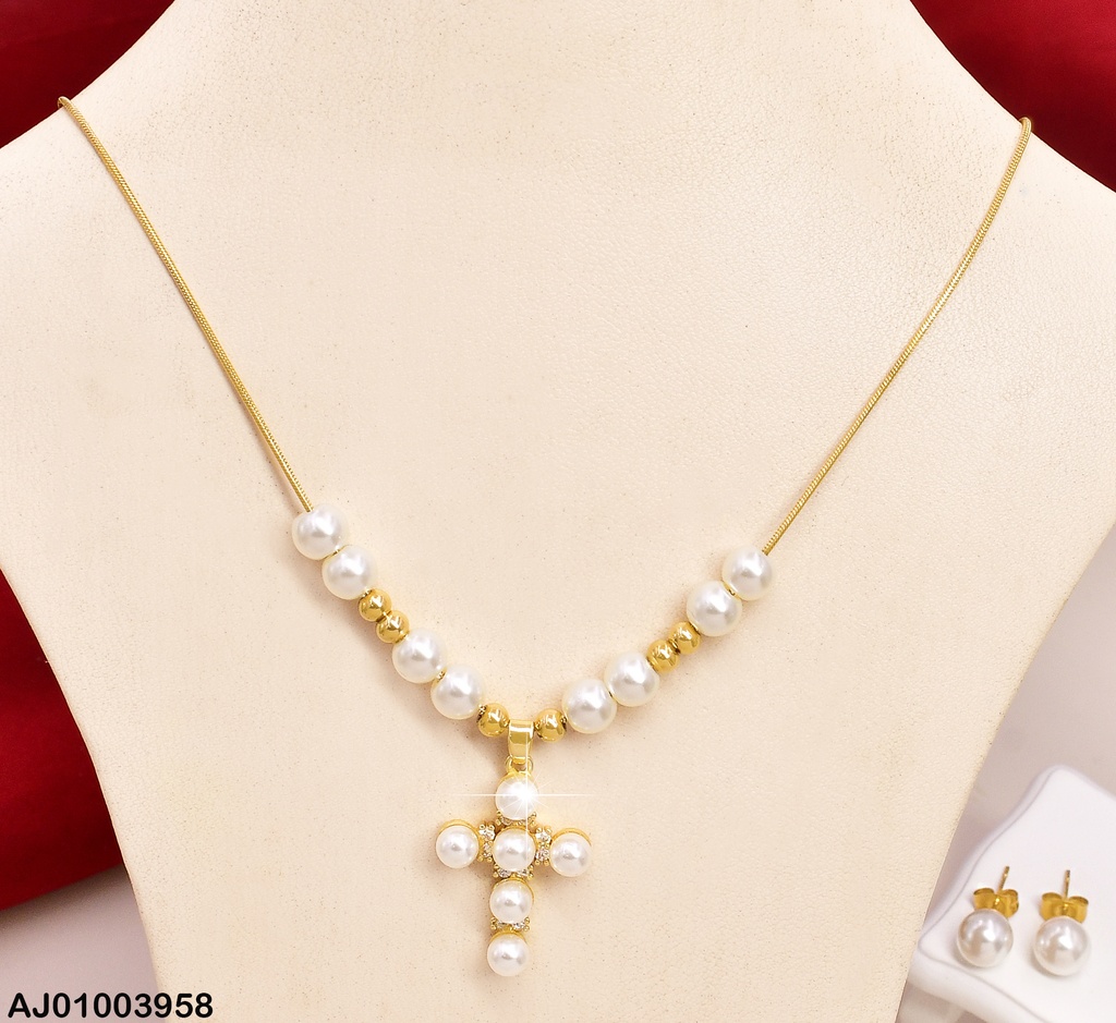 JUEGO ARETES PERLA DIJE CRUZ PERLAS 09601