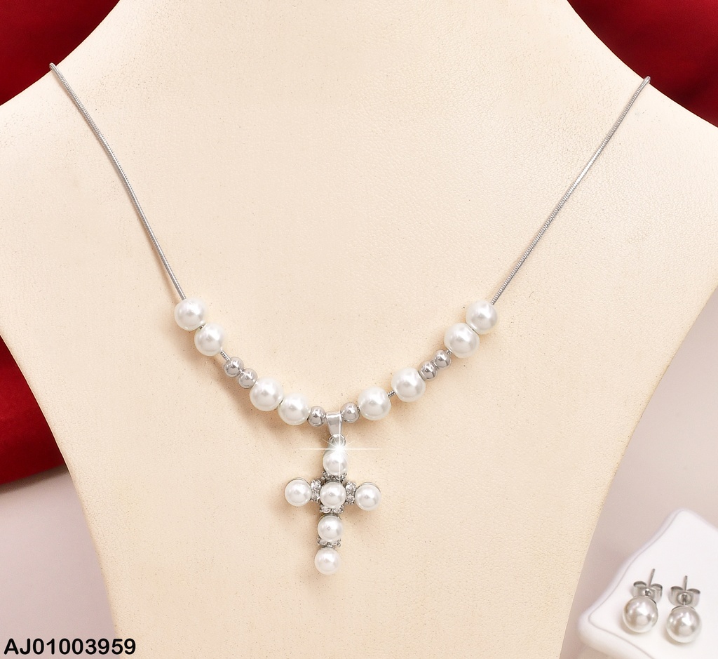 JUEGO PLATEADO ARETES PERLAS DIJES PERLAS 09602