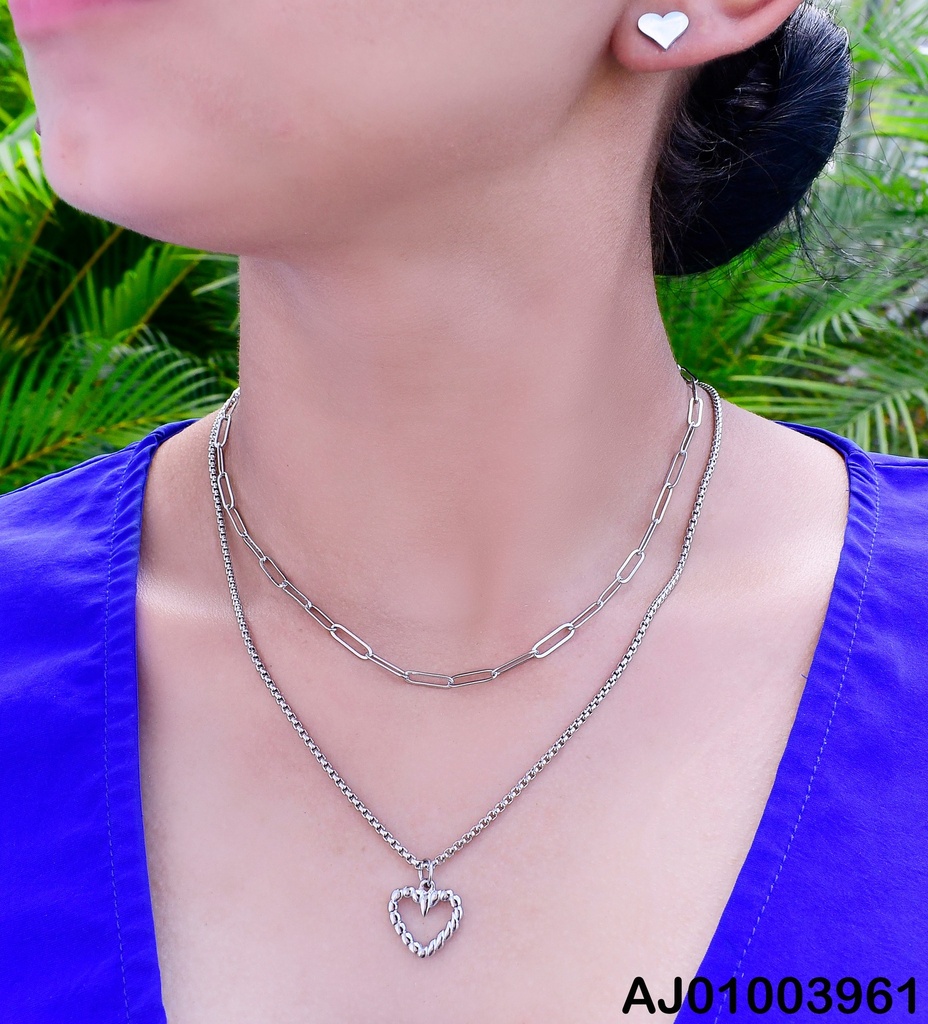 JUEGO PLATEADO ARETES CORAZON CAD. DOBLE DIJE COR. 0740432