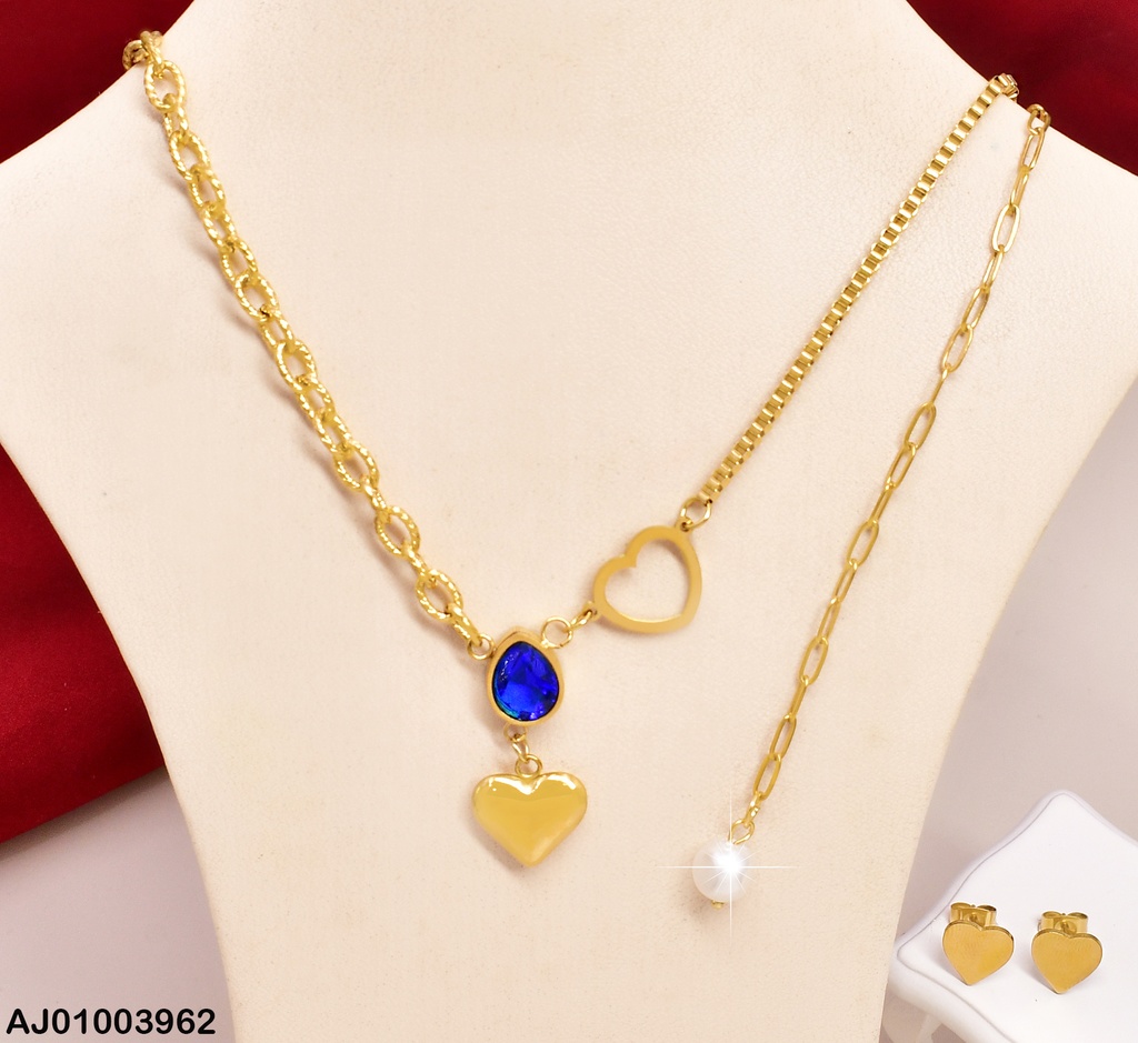 JUEGO ARETES CORAZON LISO DIJE GOTA AZUL / CORAZON 0735891 (NPE2025)