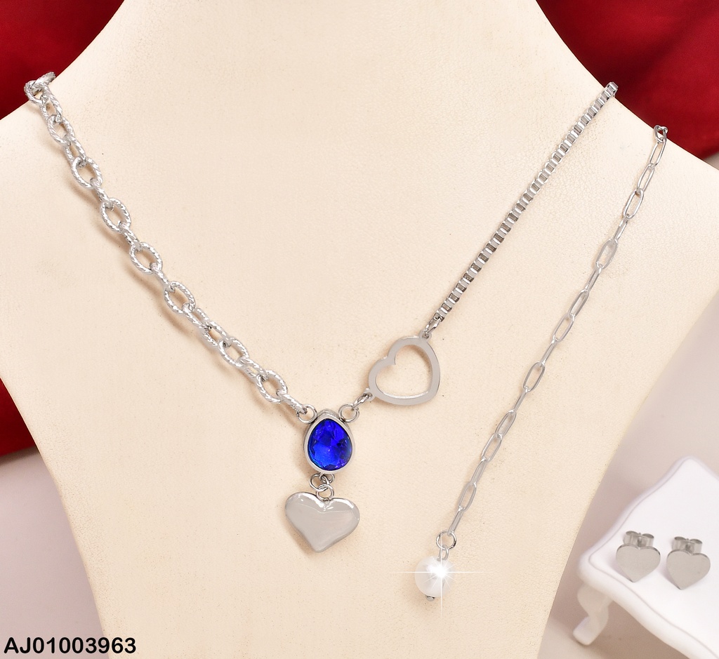 JUEGO PLAT.ARETES CORAZON LISO DIJE GOTA AZUL/COR. 0735892