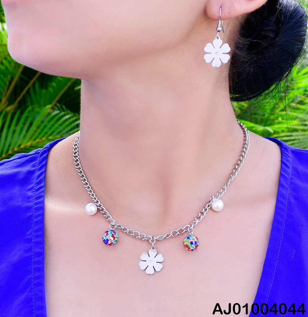 JUEGO PLATEADO ARETES/ DIJE FLOR 0713022-W02