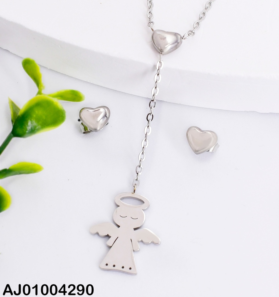 JUEGO PLATEADO ARETES CORAZON DIJE COLGANTE ANGELITO 0711612