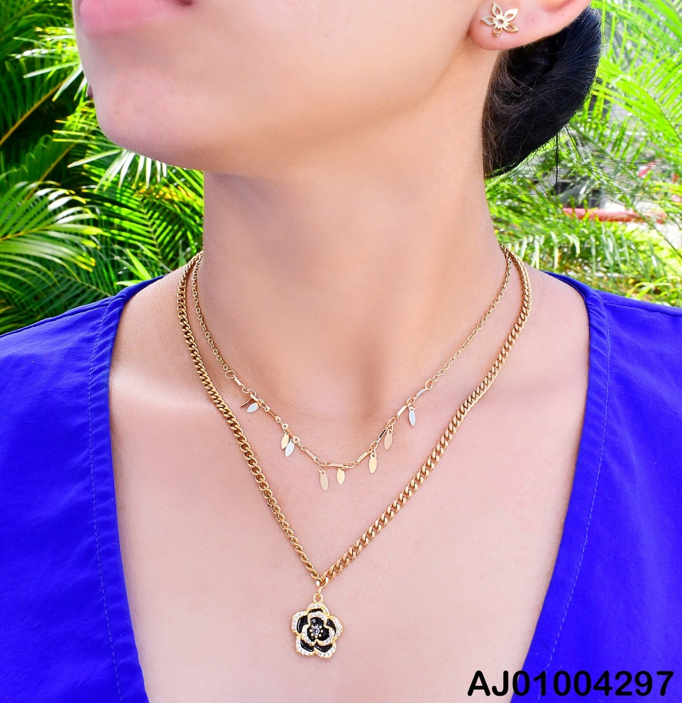 JUEGO ARETES FLOR CADENA DOBLE DIJE FLOR  07351