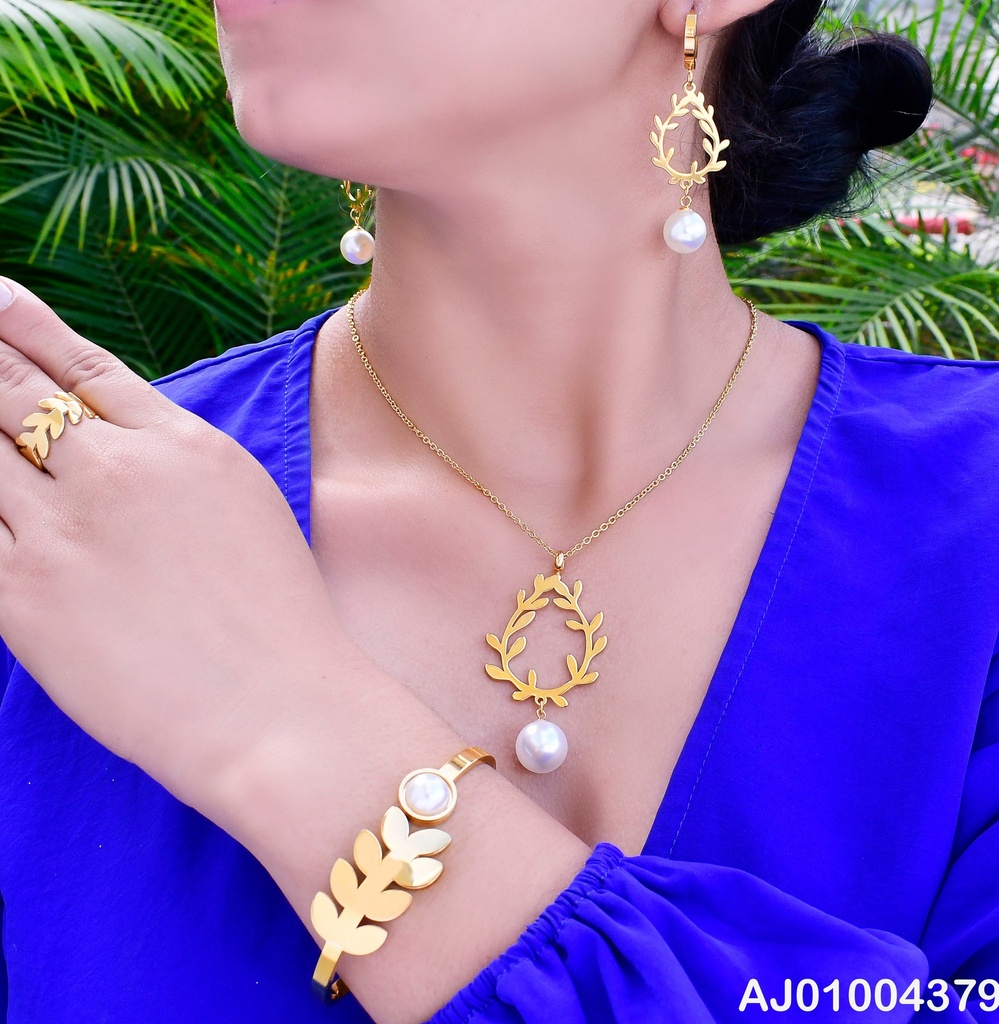 JUEGO ARETES COLGANTE OLIVO PERLA BRAZALETE/ ANILLO 2S00050671-152