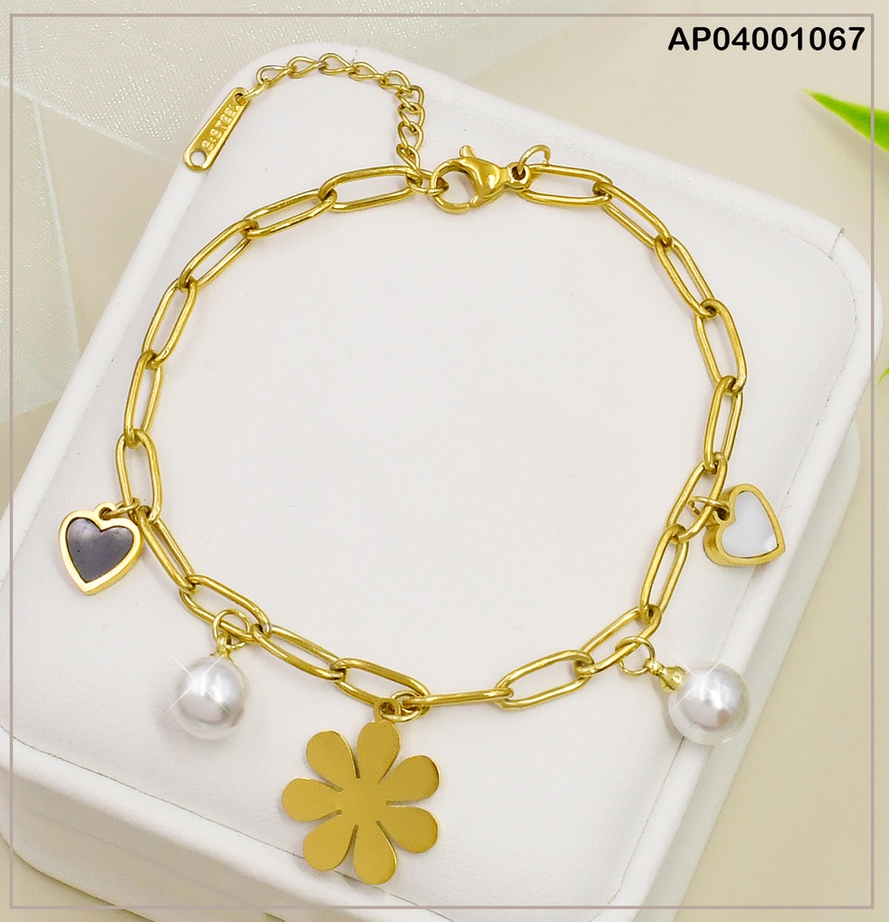 PULSERA DIJES:PLACA FLOR/2 PERLAS/CORAZONES🤍🖤