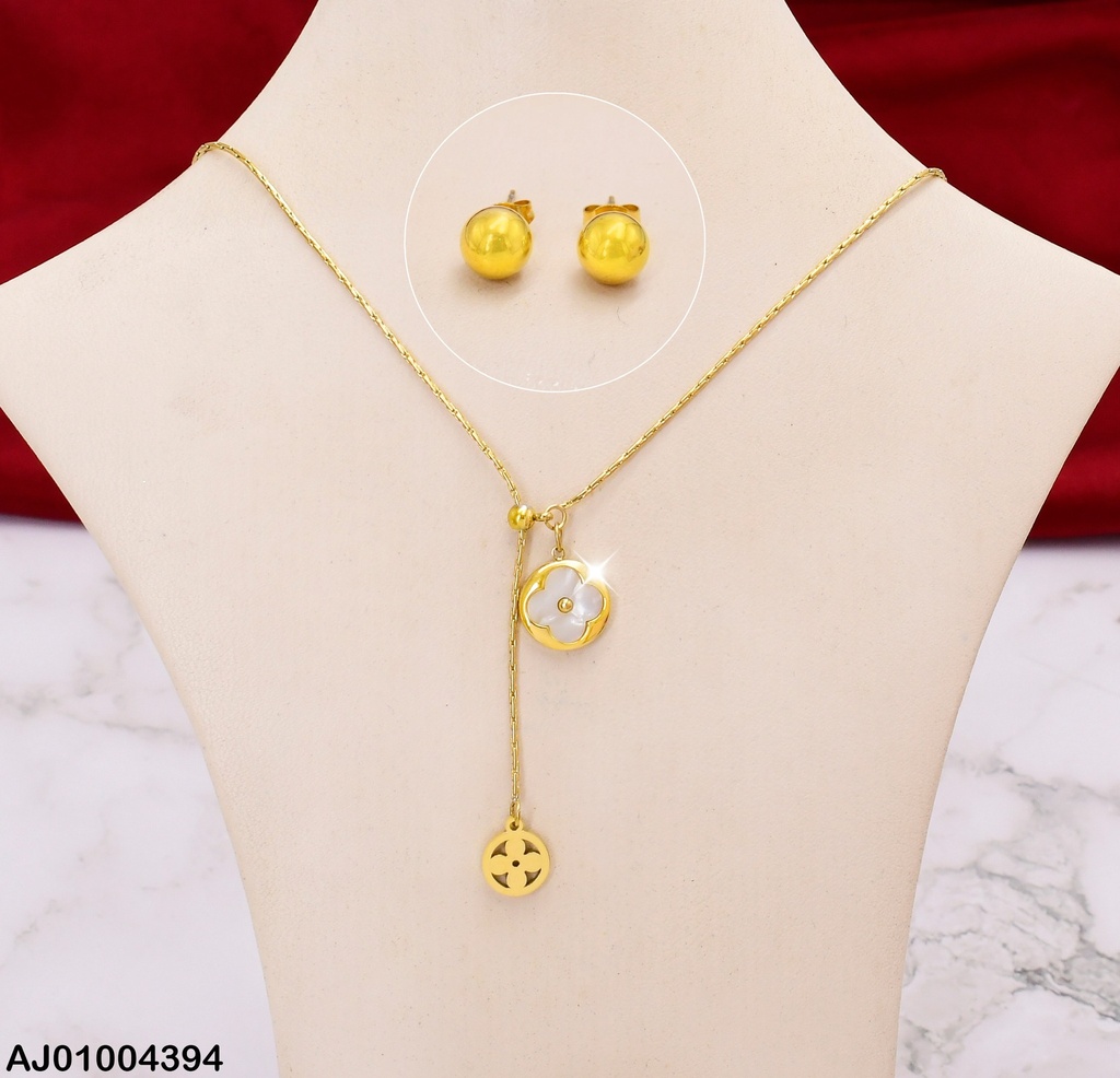 JUEGO ARETES PELOTAS DIJE RD FLOR BLANCA/DOR 0744301