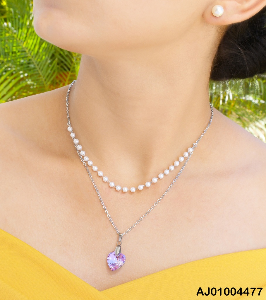 JUEGO PLAT. ARETES PERLAS,DOBLE CAD.DIJE:💜 MORADO 0743232