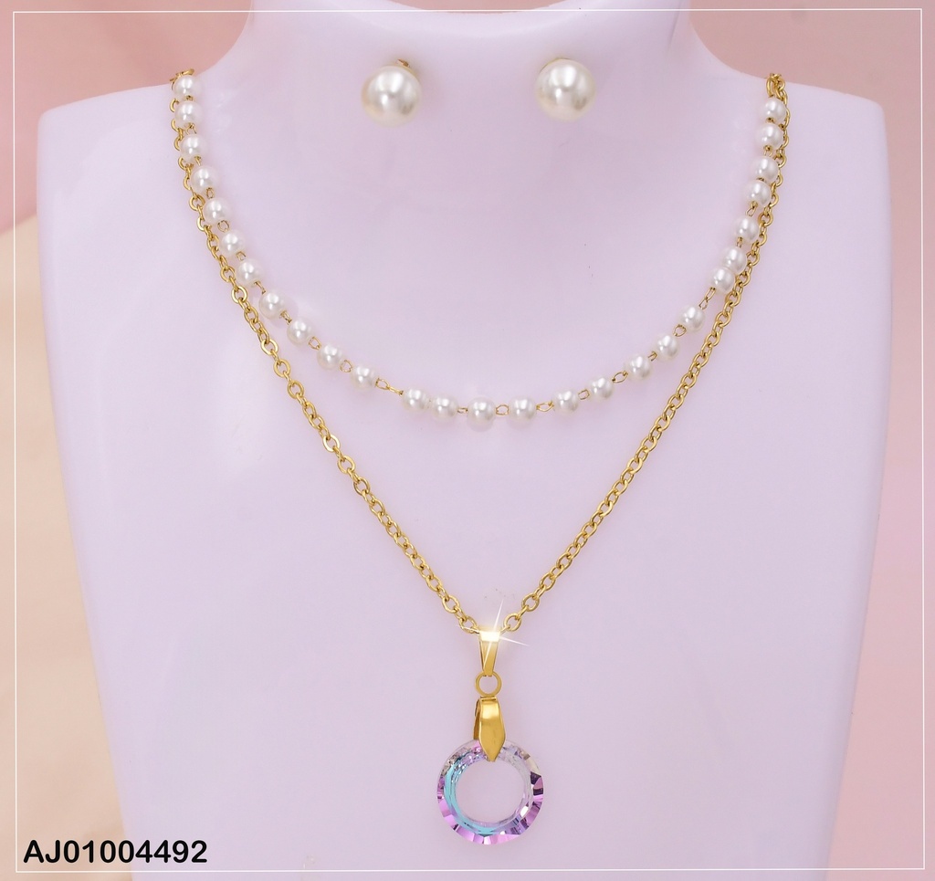 JUEGO ARETES PERLA, DOBLE CAD.DIJE CIRCULO TORNASOL 0743311