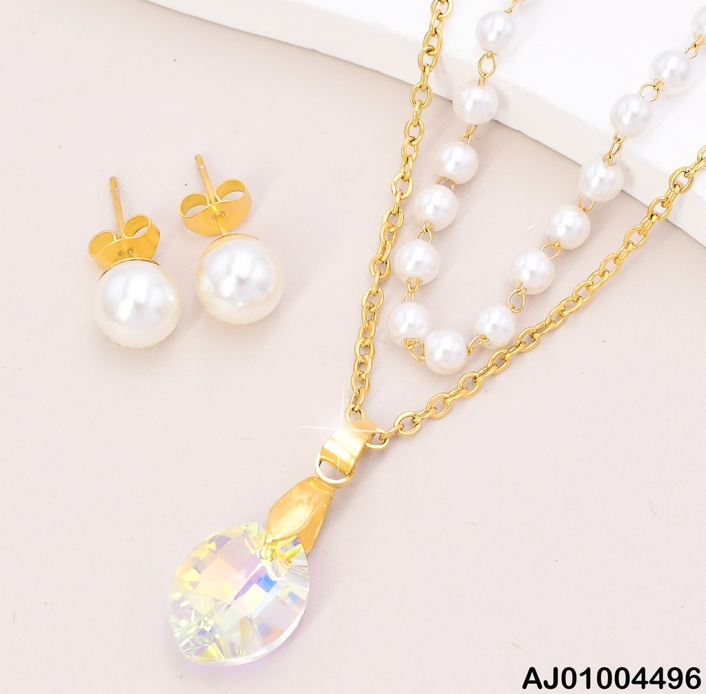 JUEGO ARETES PERLA DOBLE CAD.DIJE OVALO TORNASOL 0743291