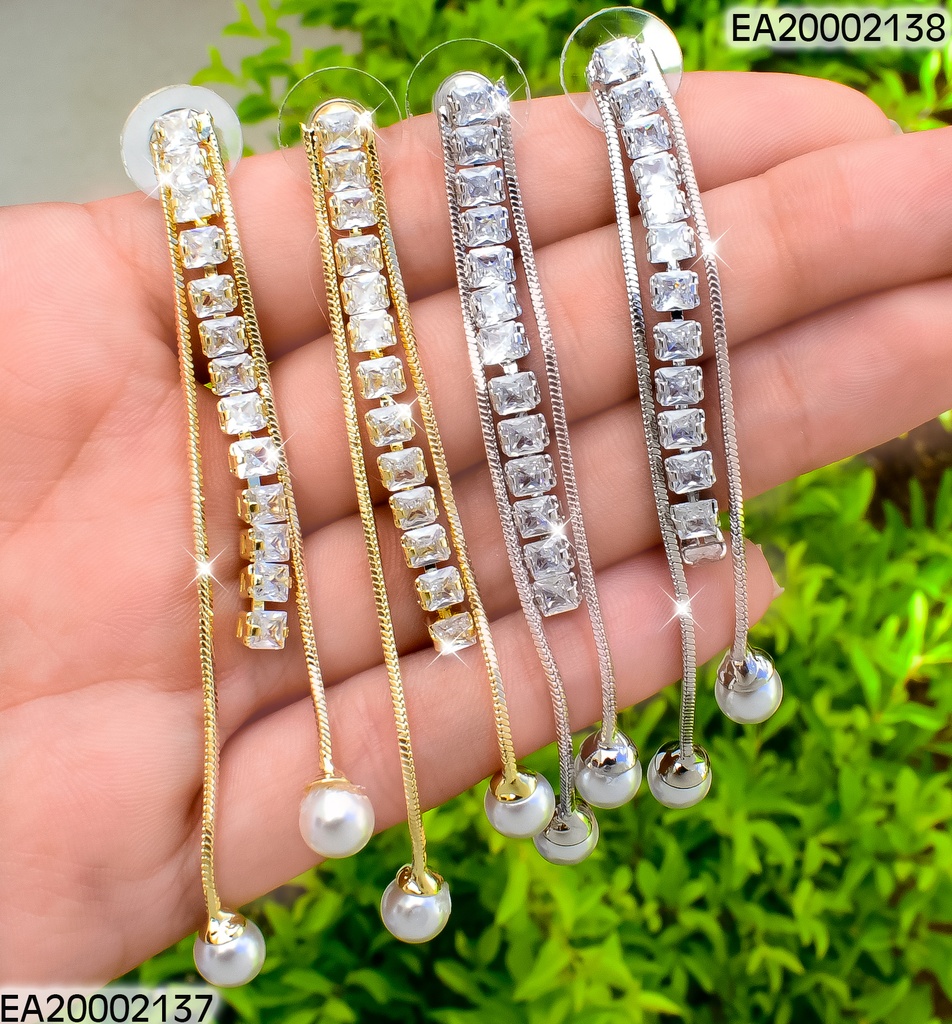 ARETES PLAT. 3 LINEAS COLANTES C/PERLAS,DOBLE ZIRC VERT.